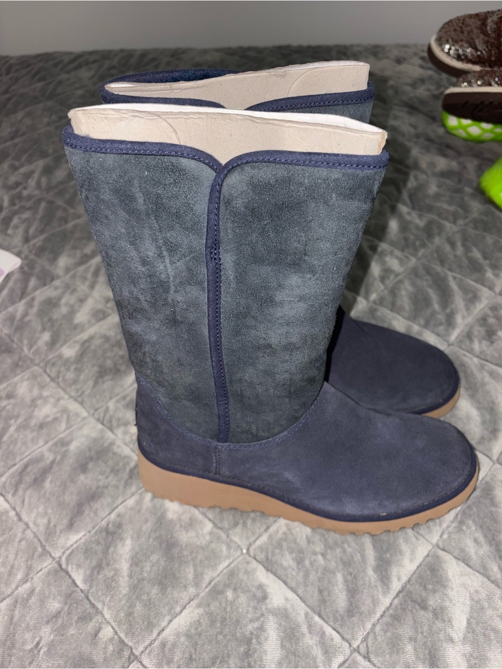 UGG Navy Suede Mid-Calf Winter Boots with Tan Sole